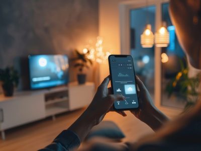 Smart home automation interface being operated on a smartphone, showing control of household devices AI